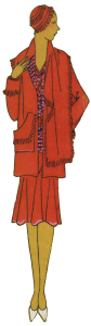 Fashion for 1920's outdoor woman. Red skirt and frilled jacket.